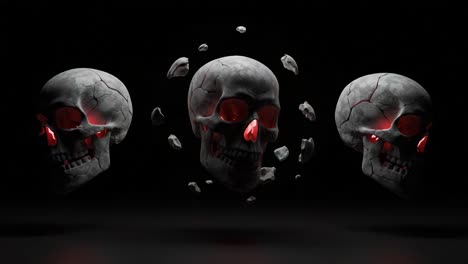 dynamic visualization of cracking skulls with red glowing features amidst a dark background, creating a haunting and engaging atmospheric effect