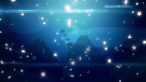 Animation-Von-Weihnachtssternen,-Die-über-Weihnachtsdekorationen-Auf-Marineblauem-Hintergrund-Fallen