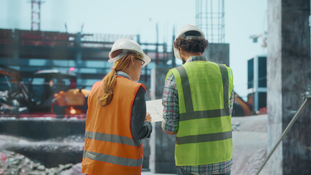 Construction Professionals Discussing Blueprints on Site