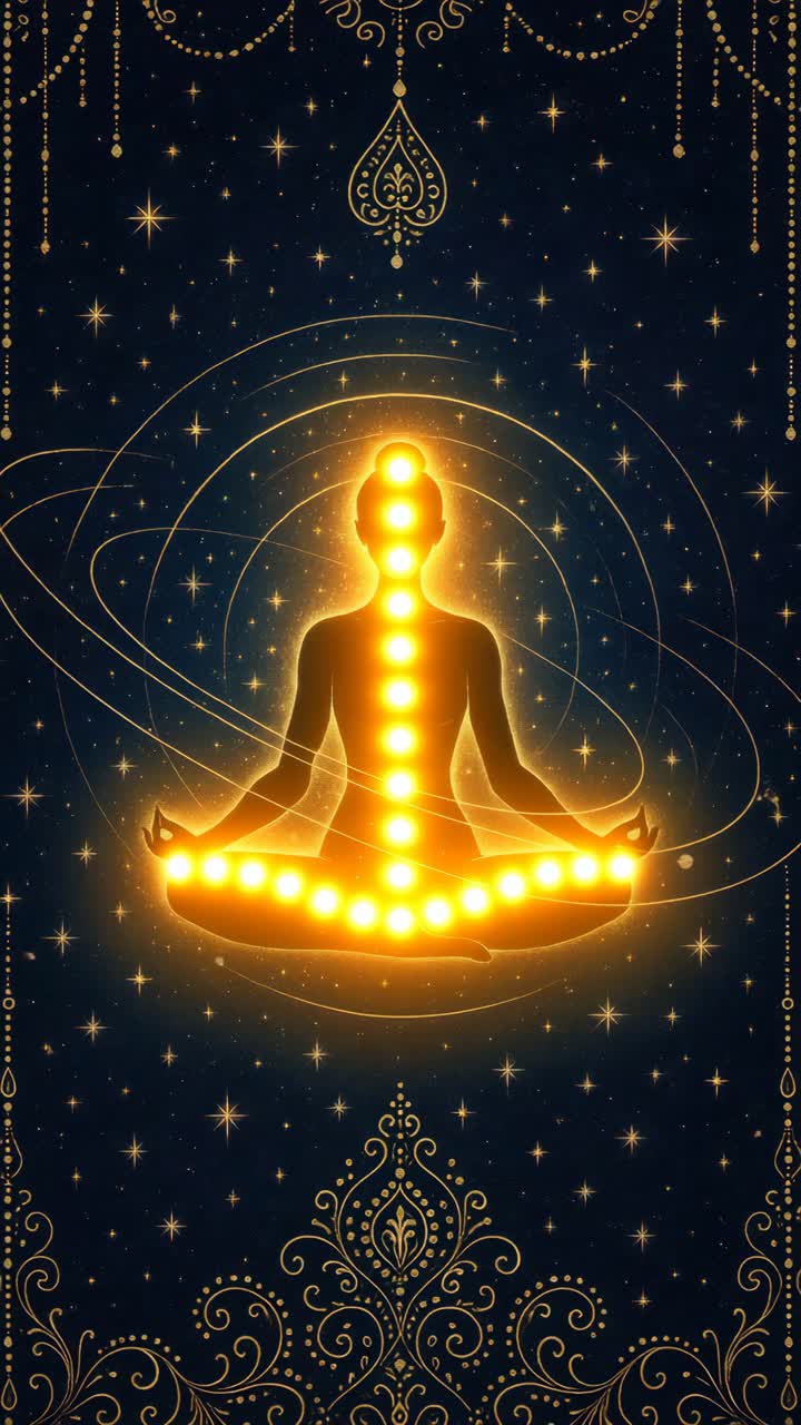 Silhouette of a meditating figure with glowing chakras, cosmic background