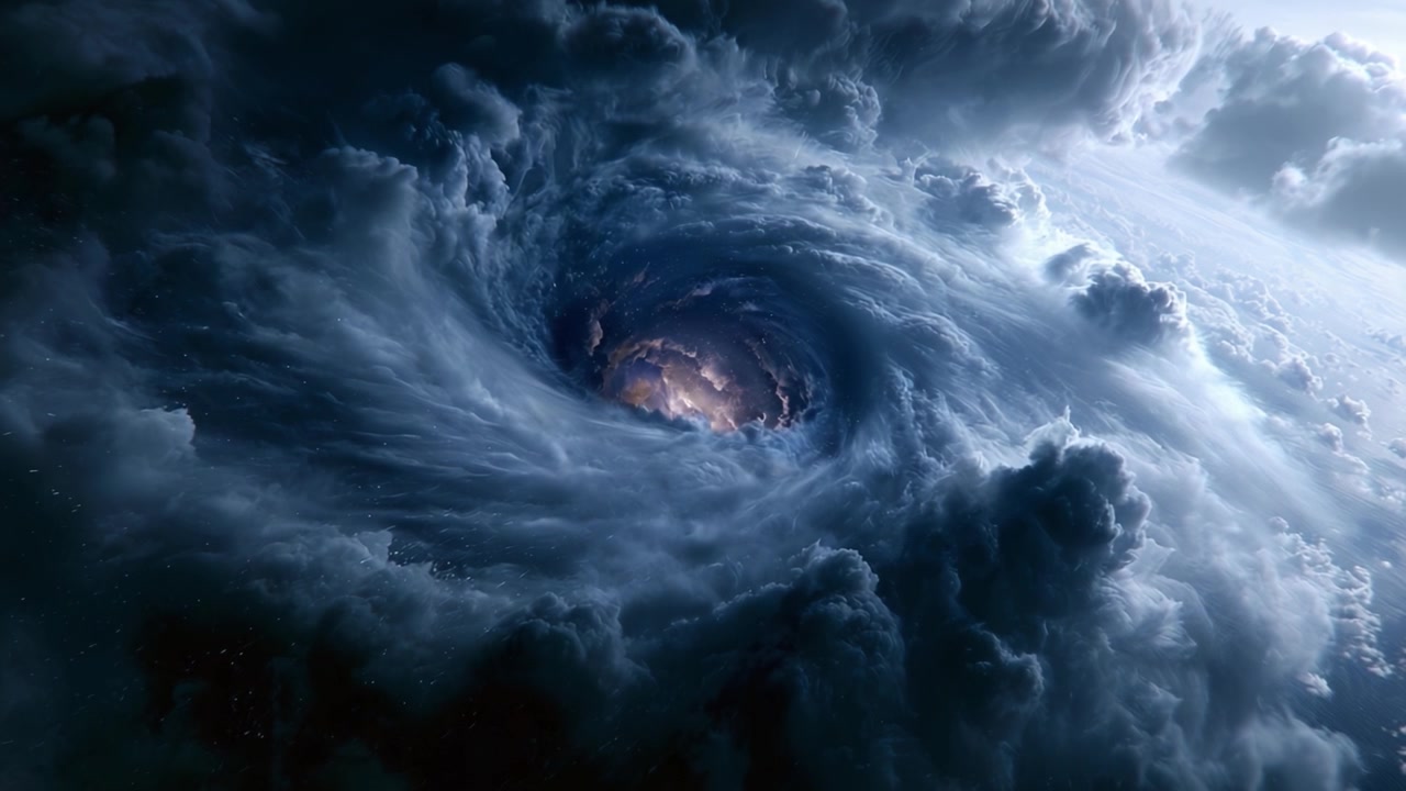 En fascinerende spiral af skyer danner en kosmisk hvirvel, der hvirvler ind i universets dybder, med antydninger af stjernelys der oplyser det mystiske centrum.