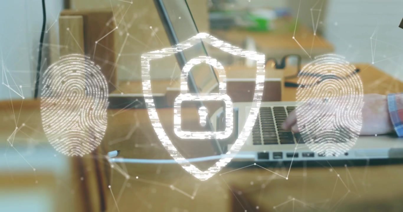 Typing hands activating biometric icons pulsing, breaking and reforming, padlock glowing for login
