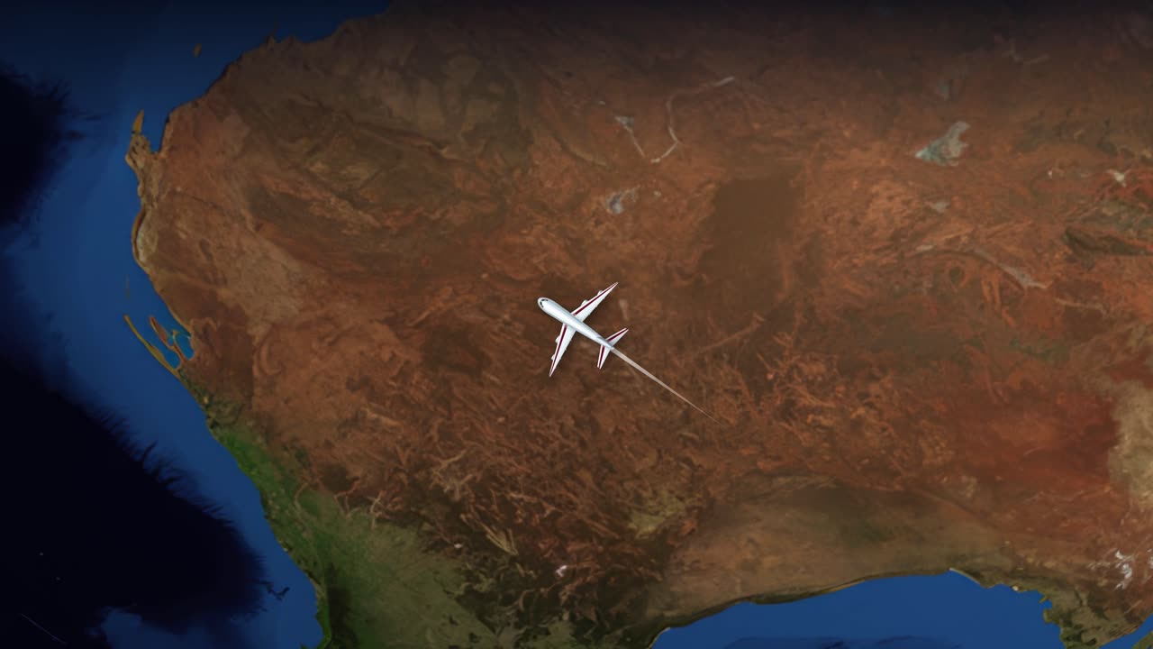 Satellite earth animation tracks a commercial airplane flying from Melbourne Australia to Istanbul Turkey