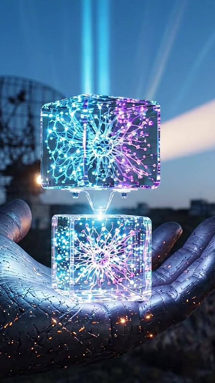Illuminated Crystal Cubes Held in Hands Against a Dusk Sky, Showcasing Intricate Light Patterns and Energetic Vibes in a Captivating Display of Artistry