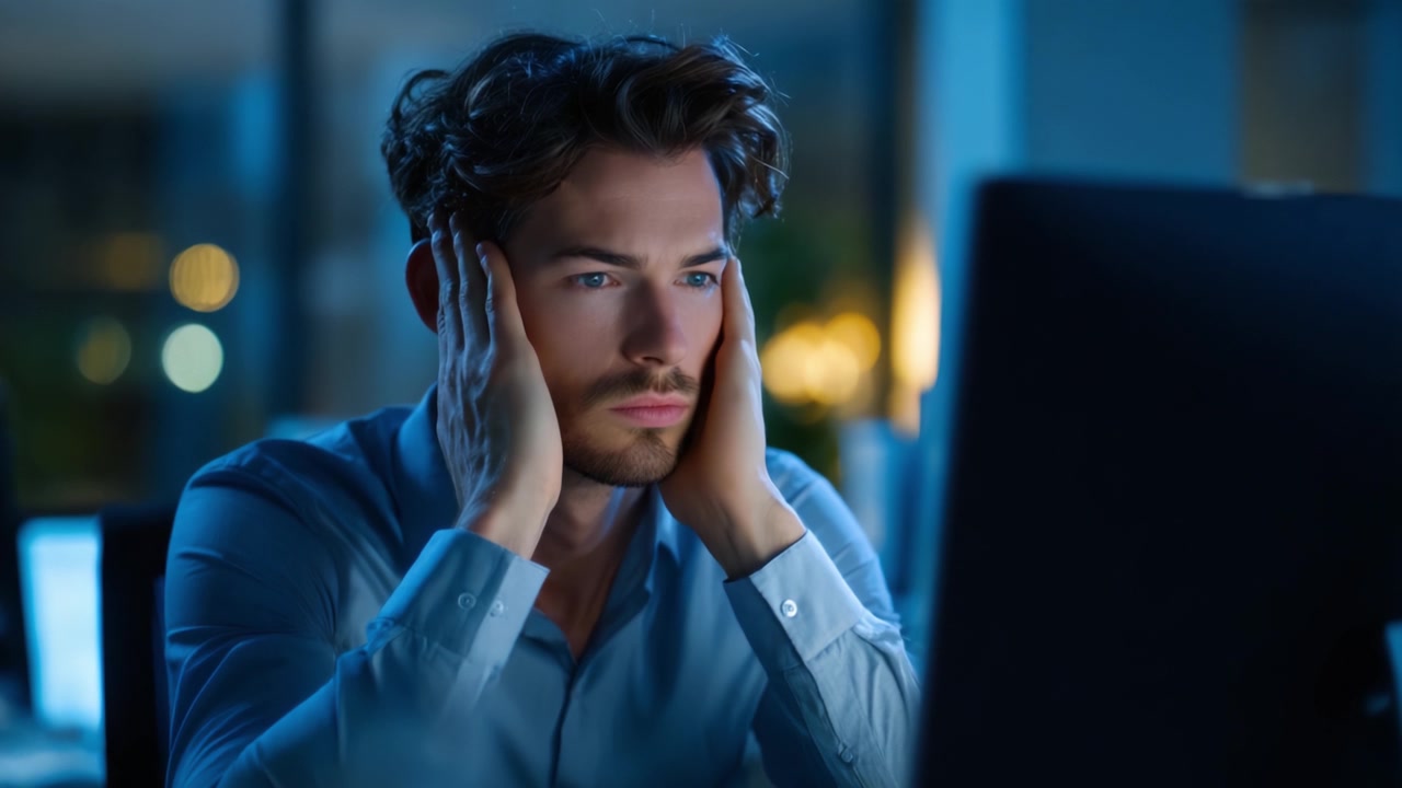 A young man struggles with frustration and fatigue, overwhelmed by a late-night computer task while sitting in a dimly lit room filled with blue-hued lights.