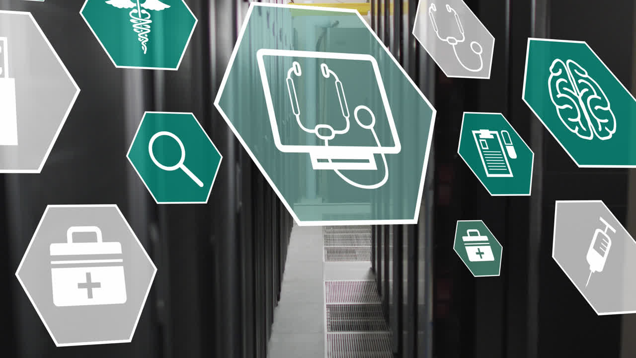 animación de múltiples iconos médicos contra la habitación del servidor de la computadora