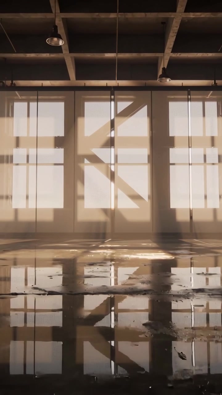 Vertical video: Casting sunlight, windows reflecting in puddles in warehouse with diagonal support