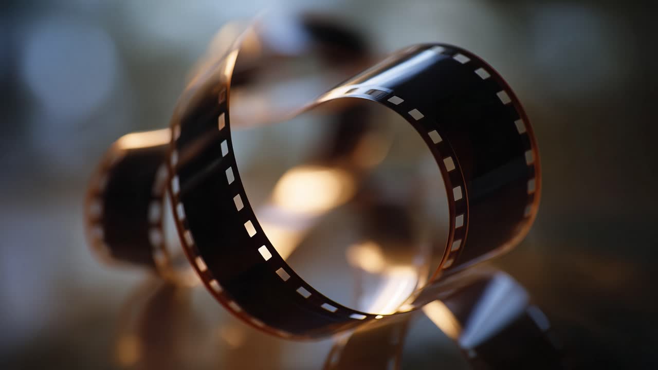 Accattivante bobina di pellicola elegantemente arrotolata, che rivela la bellezza dell'arte cinematografica analogica in una composizione luminosa