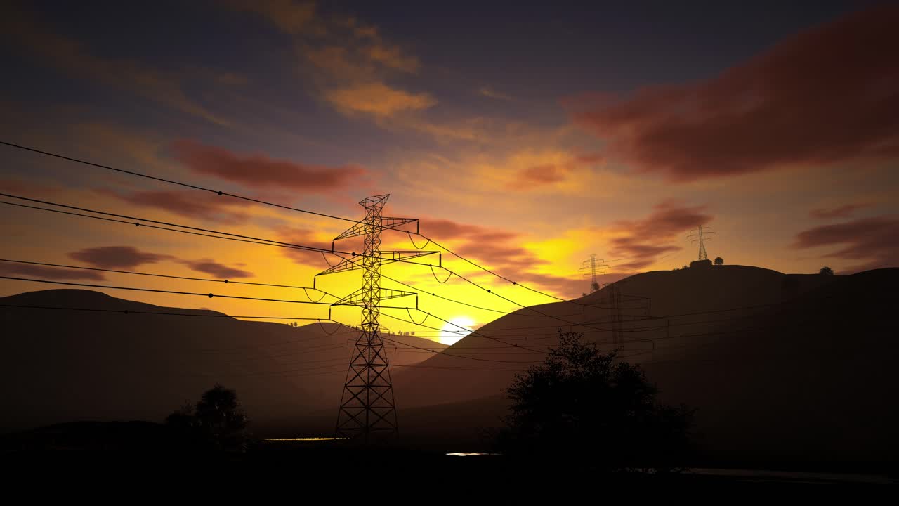 líneas eléctricas al atardecer sobre las montañas