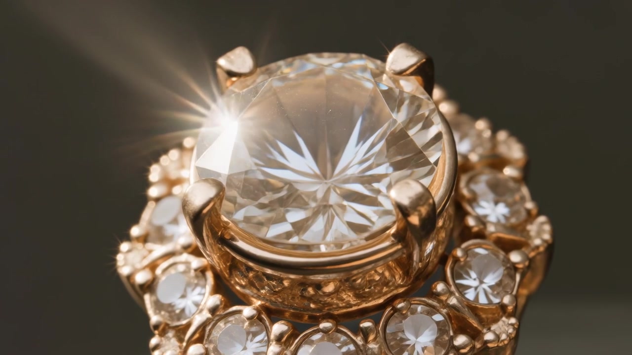 Un anello d'oro ornato che si inclina, mostrando le sfaccettature della gemma in studio, con uno spostamento del fascio di luce che provoca l'inclinazione e un bagliore ad alone.