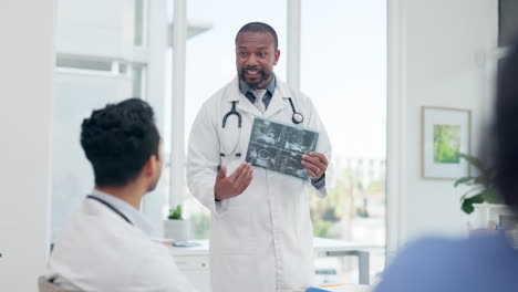 doctors, meeting and xray talk for surgery