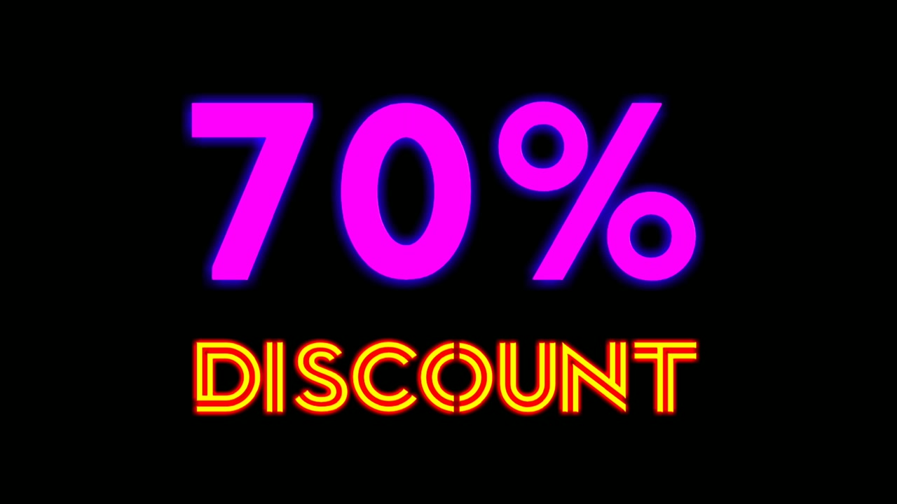 Testo luminoso al neon "Sconto del 70 percento" su sfondo nero, Black Friday, grande evento di saldi per la promozione commerciale di negozi, vendita al dettaglio, resort, bar