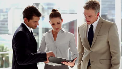 personas de negocios discutiendo un documento