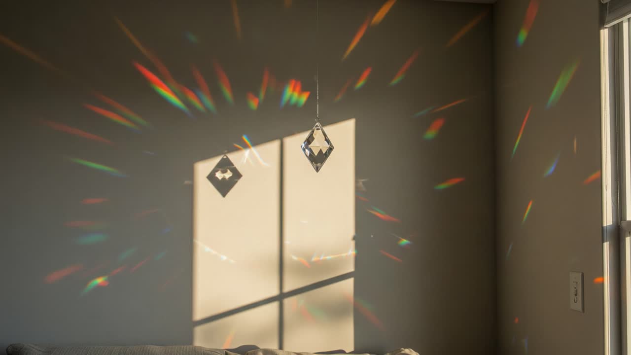 Captivating Light Play: A Mesmerizing Dance of Reflected Colors and Shadows in a Room Emphasizing the Beauty of Sunlight Through Crystal Hangings
