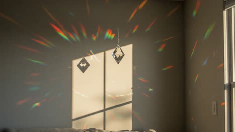 captivating light play: a mesmerizing dance of reflected colors and shadows in a room emphasizing the beauty of sunlight through crystal hangings