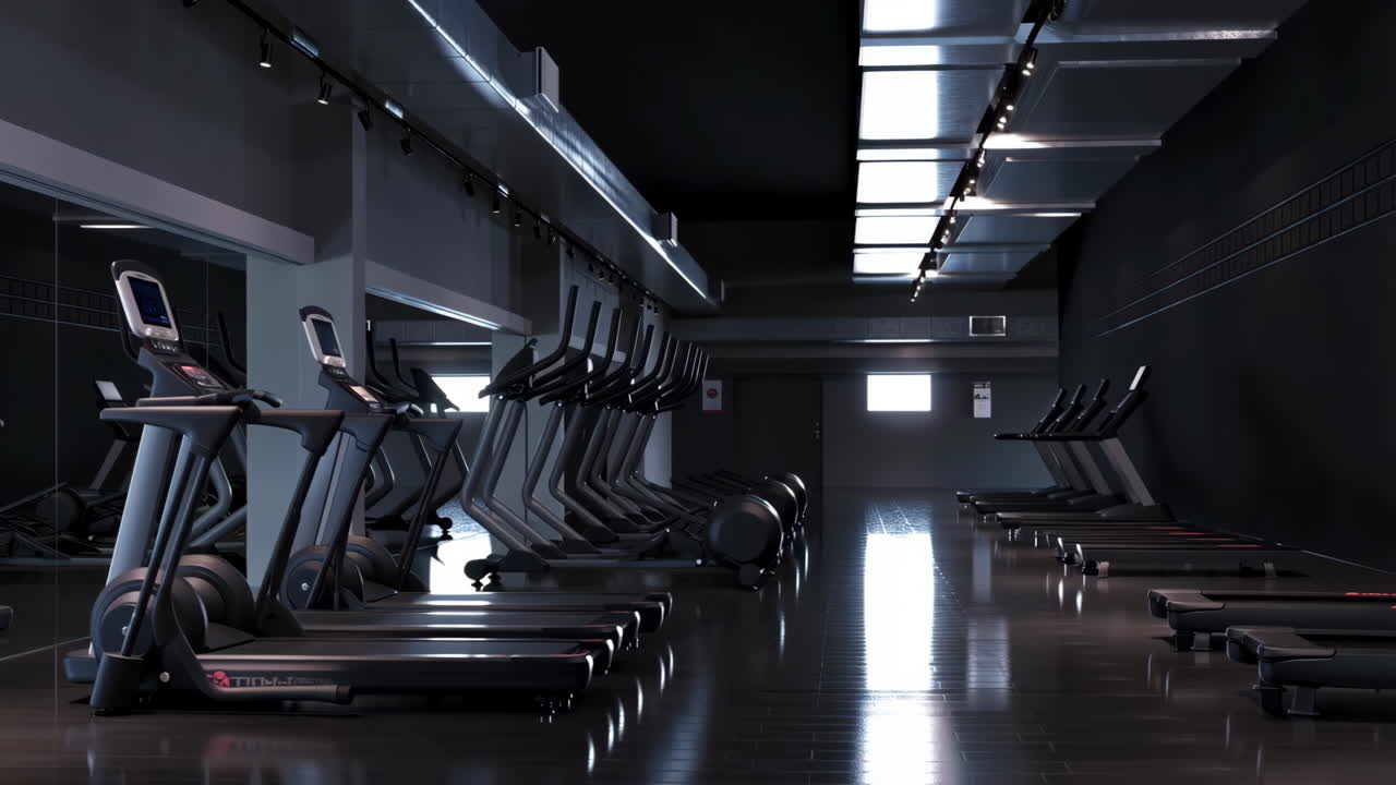 Empty Modern Gym with Rows of Treadmills and Exercise Bikes