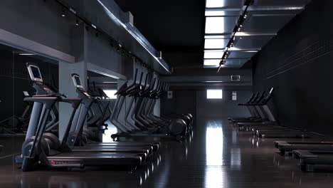 empty modern gym with rows of treadmills and exercise bikes