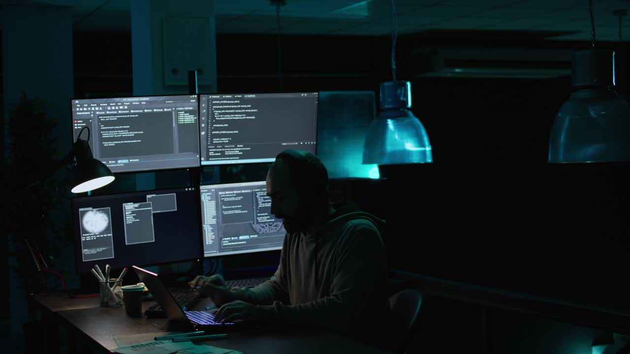 Man coding at his computer in a dark office