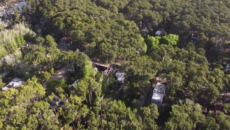 Sobrevuelo-Aéreo-Casas-Residenciales-Entre-Copas-De-Los-árboles-Verdes-Y-Densas-Durante-El-Día-Soleado--mar-De-Las-Pampas,-Argentina