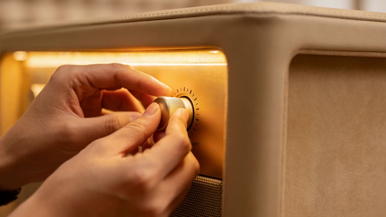 Mani che si avvicinano e ruotano una manopola metallica su una radio da tavolo a casa per regolare il volume, con un braccialetto.