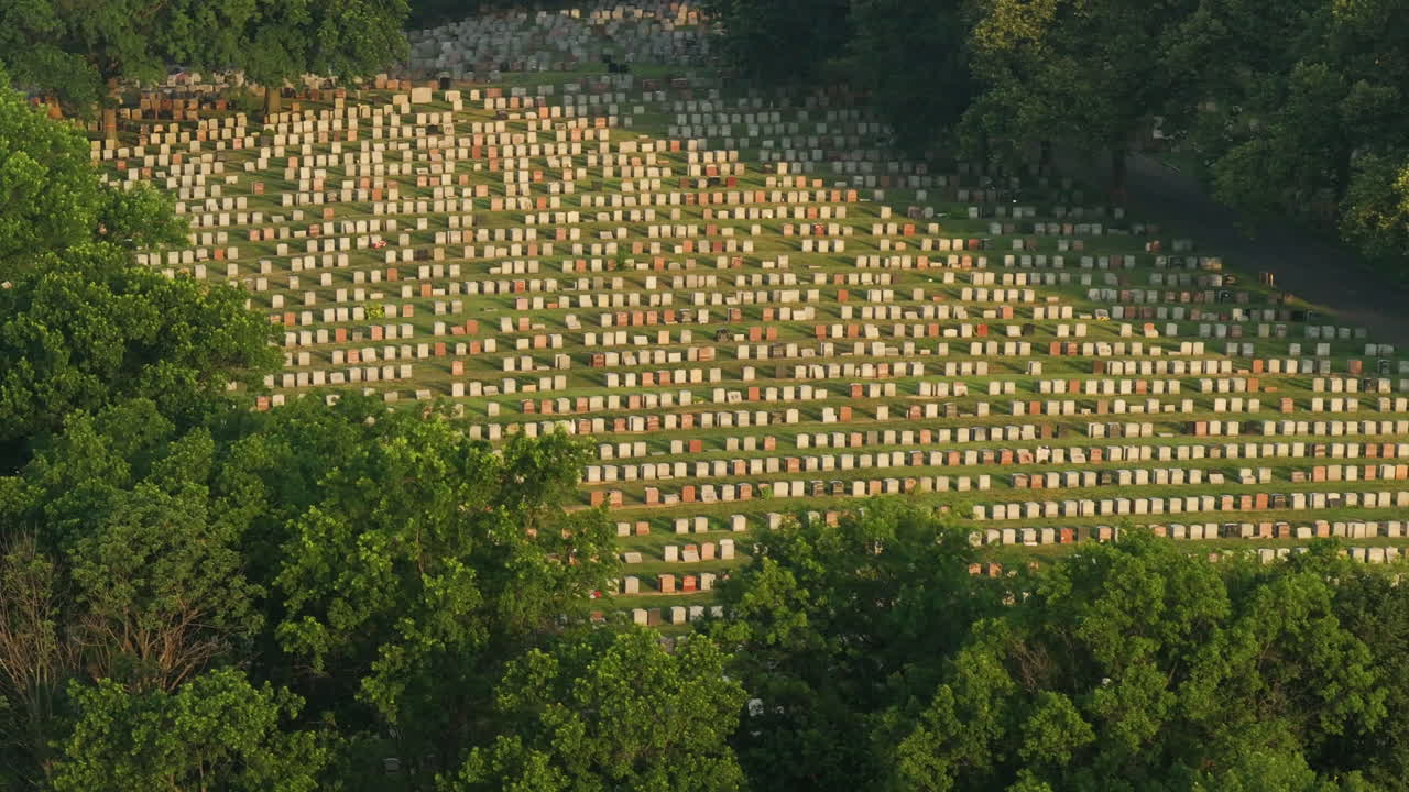Aerial view of a cemetery on a summer morning