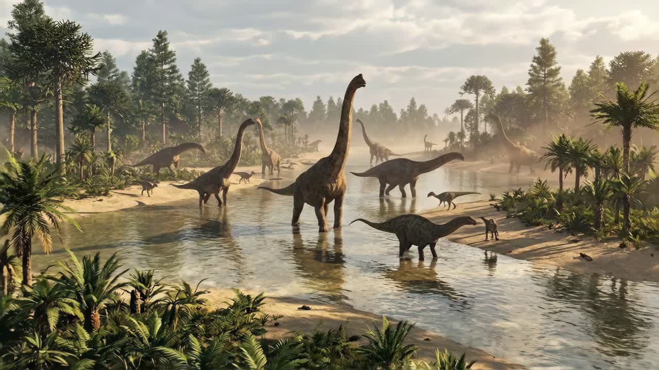 Un gruppo di dinosauri sauropodi che attraversano un fiume