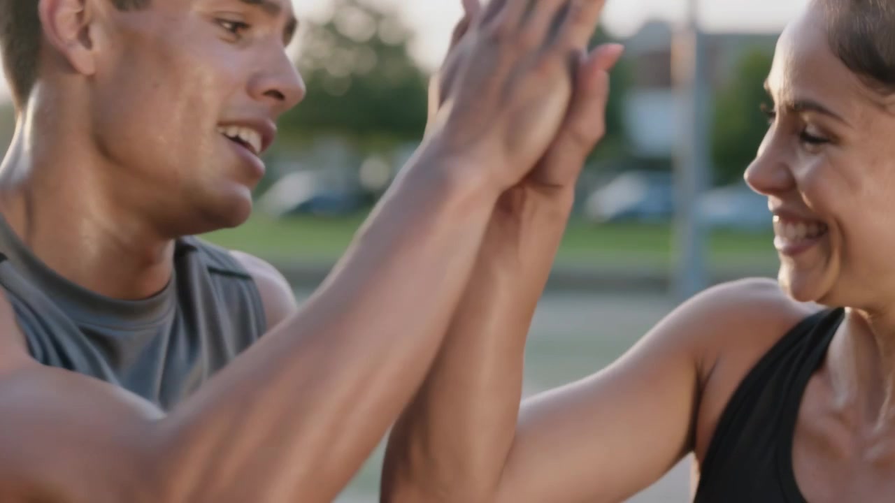 Al termine della corsa, un uomo e una donna riprendono fiato e si danno il cinque al parco, con le magliette sudate.