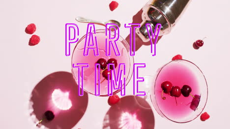 animation of party time neon text and cocktails on white background