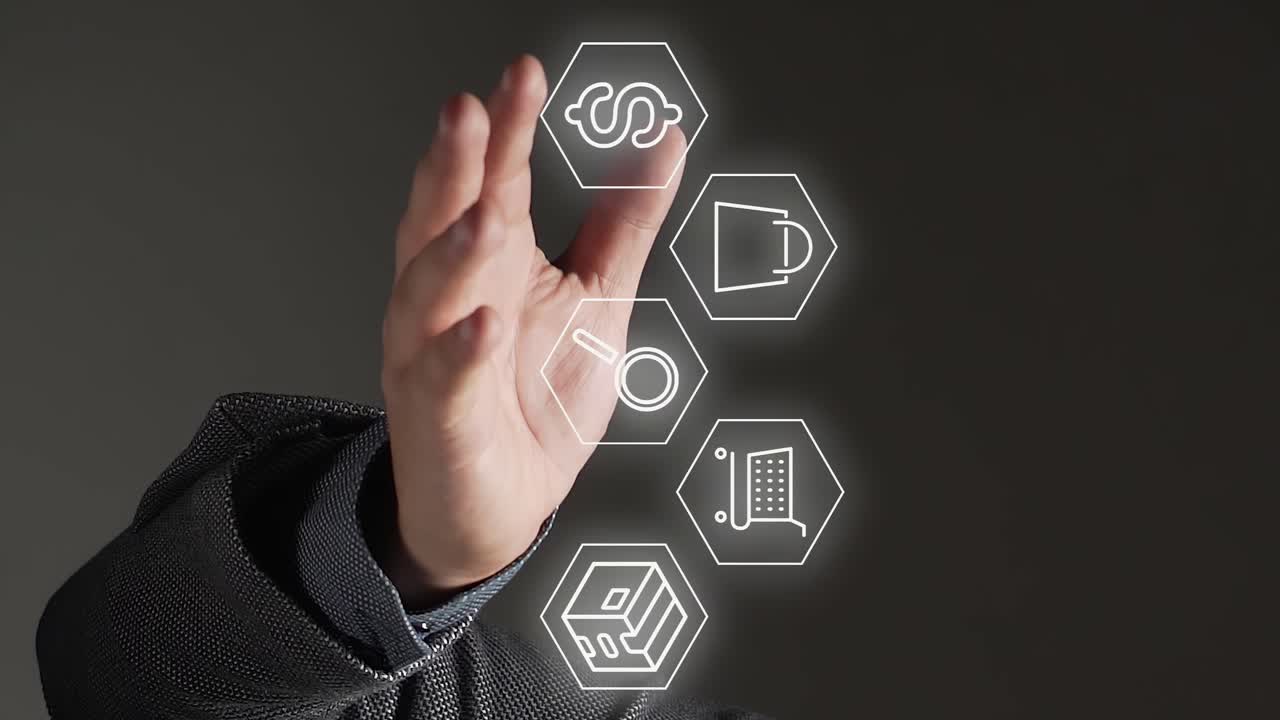 la mano de la persona muestra el holograma del icono de compras y comercio electrónico, vista de primer plano