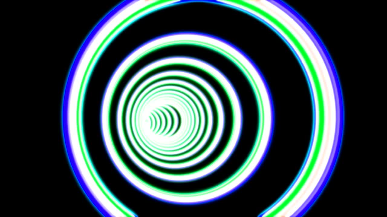 Abstract round tunnel seamless animation. Blue, green and white circles forming deep endless hole. Fluorescent neon lights illuminating long cyberspace portal with bright beams at end