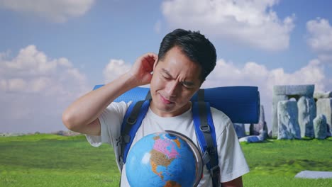 man looking at world map