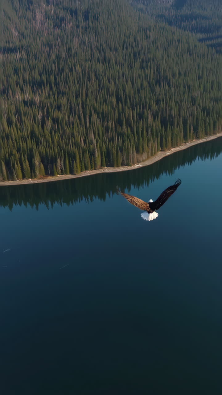 Bald Eagle Soaring Above a Serene Mountain Lake