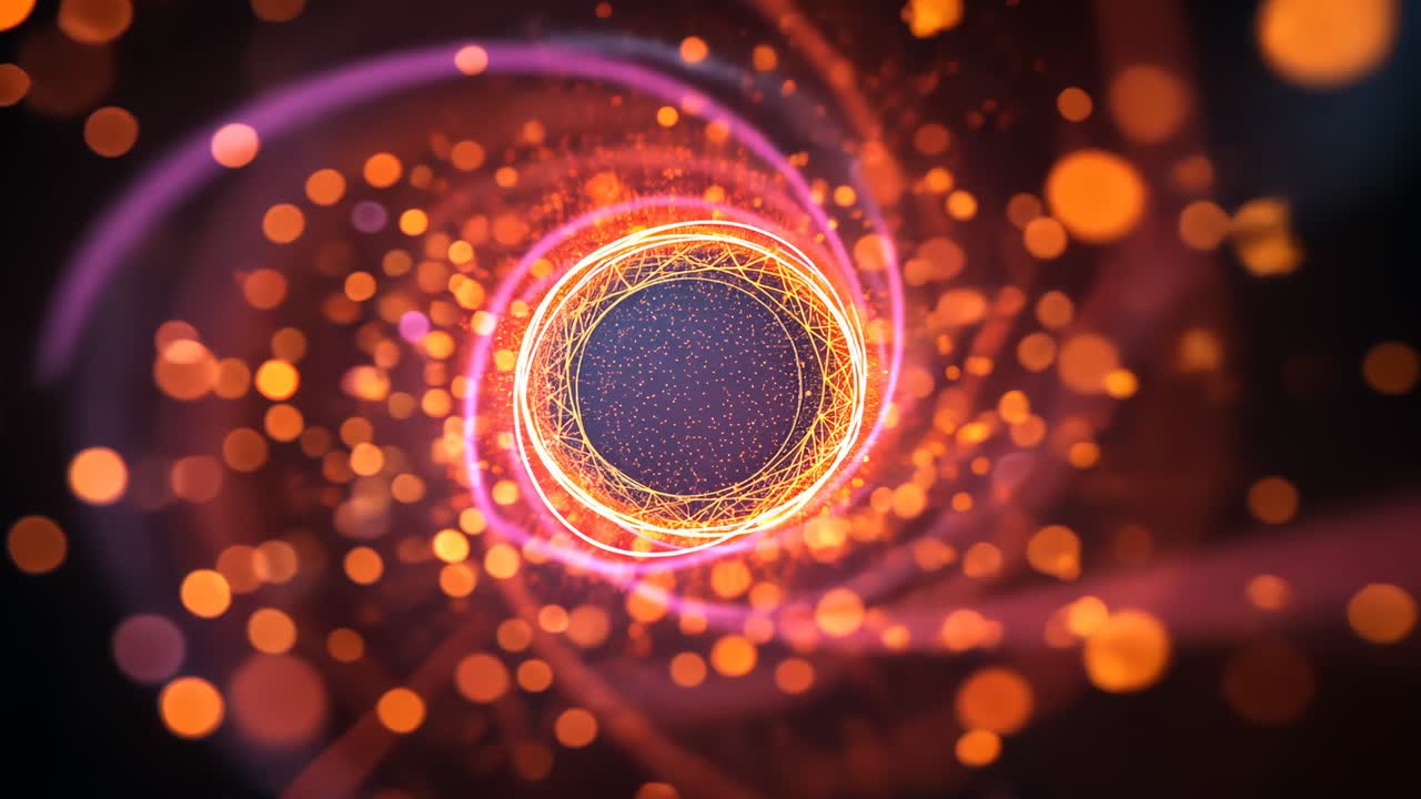 Starting central glowing vortex swirling in void with orange pink trails and particle clusters