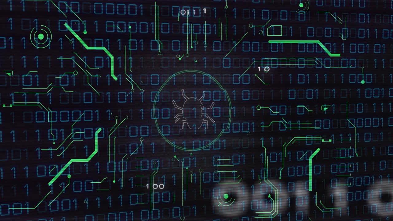 código binario e icono de error, animación de detección de amenazas de ciberseguridad