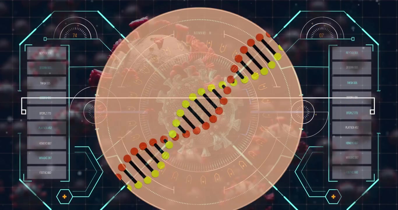 Animazione di filamento di DNA ed elaborazione dati su cellule virali