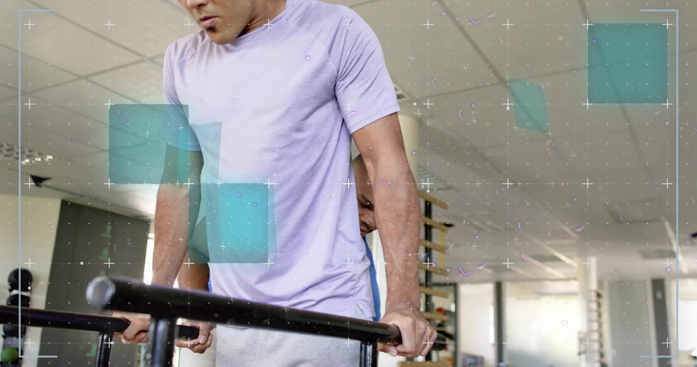 Fitness trainee stepping onto dip bars, performing dips for chest strength with trainer support