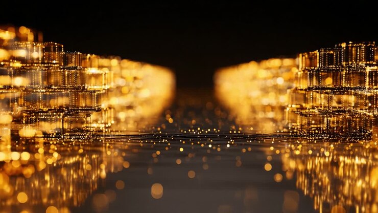 Un'immagine ipnotica di particelle dorate illuminate che creano un effetto di profondità immersivo, mettendo in risalto design intricati e un'illuminazione splendida in un'accattivante composizione astratta.