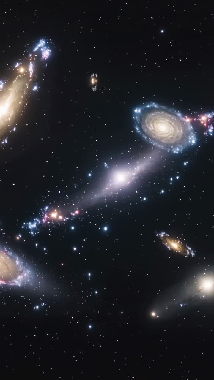 Video verticale: Telecamera panoramica che si muove su un gruppo di galassie nello spazio, rivelando una galassia a sinistra e una coda di marea.