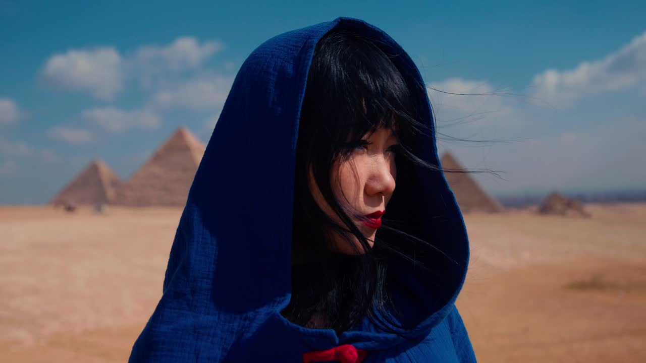Mystisk flicka med svart hår och röda läppar i Egypten, besöker pyramider.