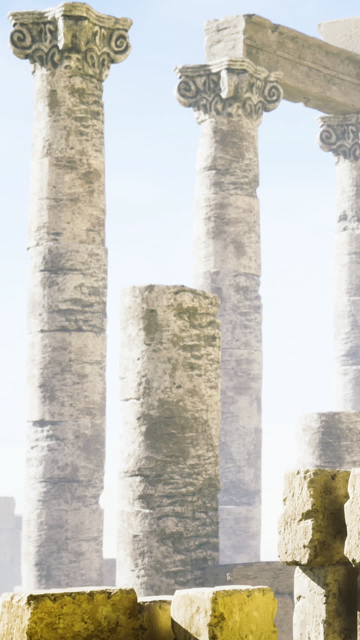 Antiche colonne si ergono imponenti sotto la luce soffusa dell'alba in una terra dimenticata.