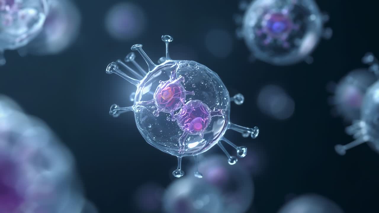 Sfera trasparente rotante che rivela nuclei magenta durante il cambio di camera, mostrando goccioline appuntite