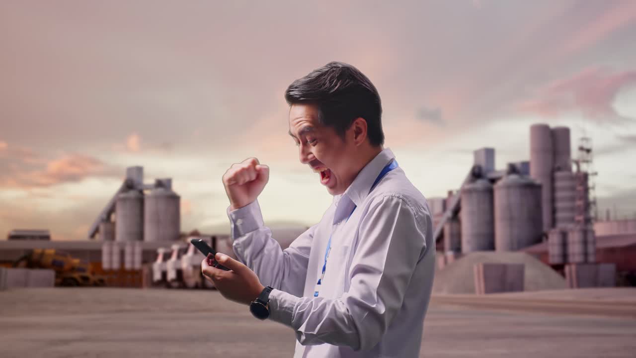 ภาพด้านข้างของพนักงานชายชาวเอเชียมืออาชีพพร้อมสมาร์ทโฟนที่โรงงานปูนซีเมนต์อุตสาหกรรมยามพระอาทิตย์ตก เขายกกำปั้นขึ้นพร้อมตะโกนแสดงความสำเร็จหลังจากตรวจสอบบนสมาร์ทโฟน
