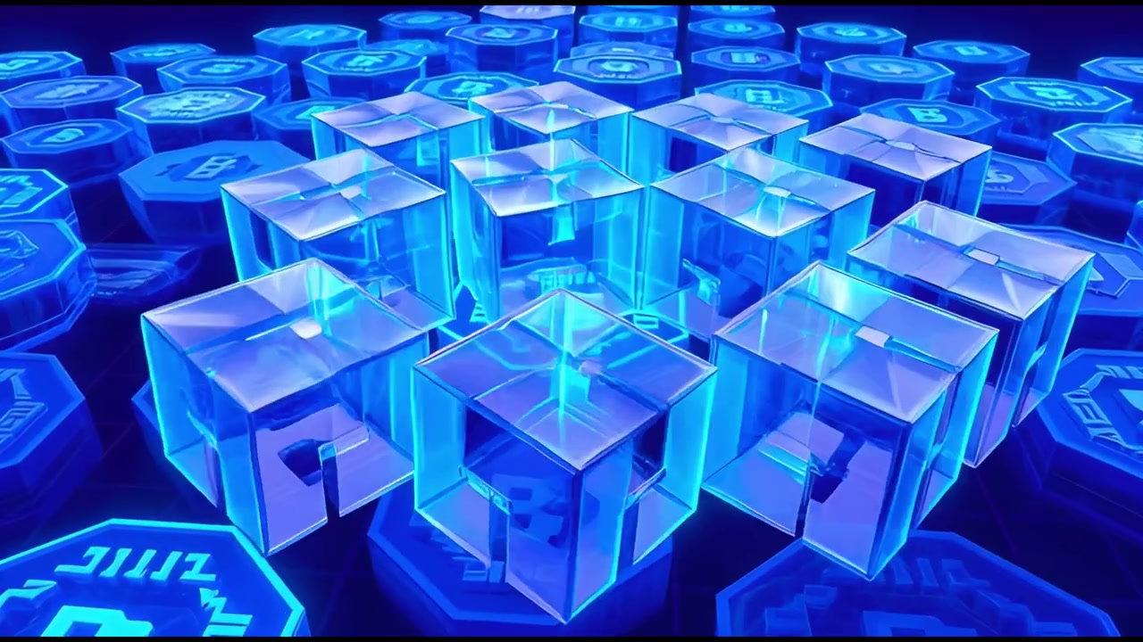 Digital Bitcoin Symbols Transforming into Glowing Cubes in Abstract Network