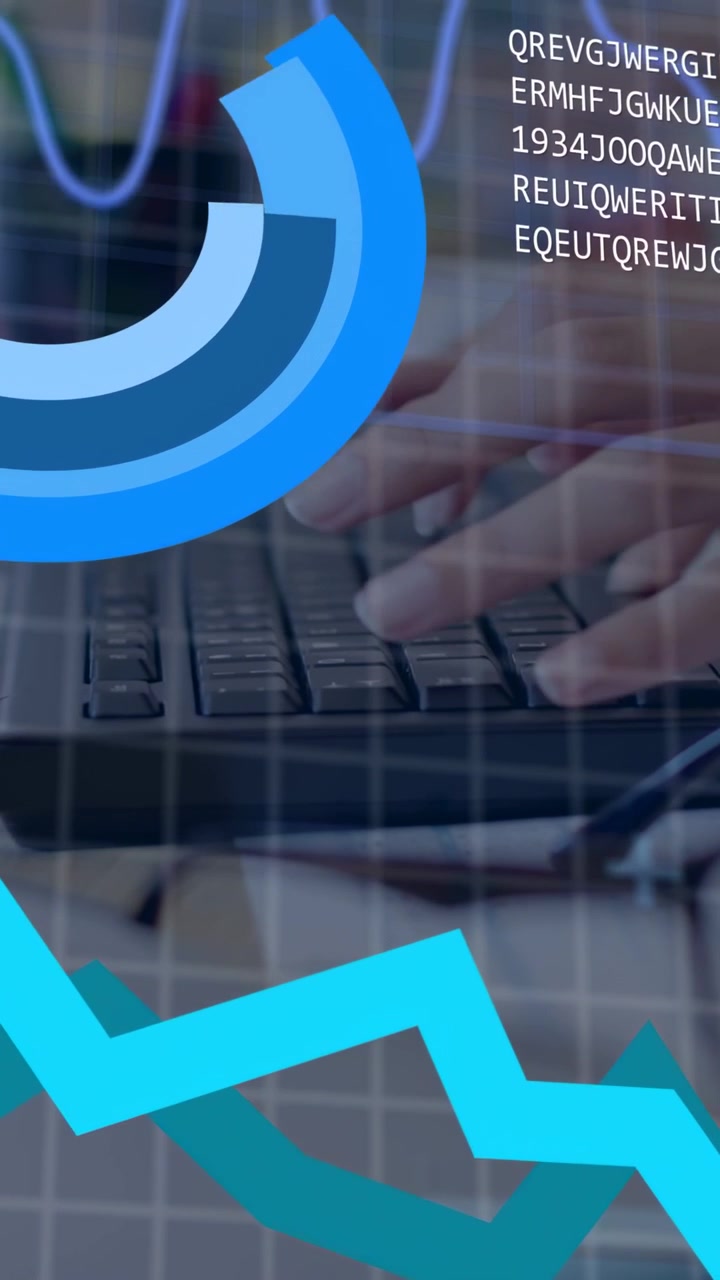Vertical video: Female hands typing on keyboard updating data while graphs sliding across hands