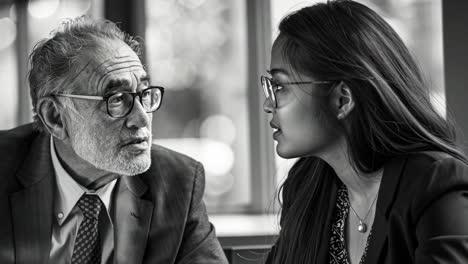 business conversation between an older man and a young woman