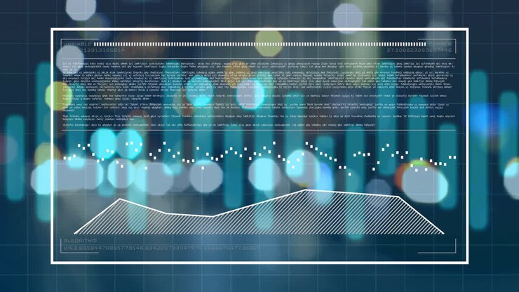 Animation of financial data processing over cityscape