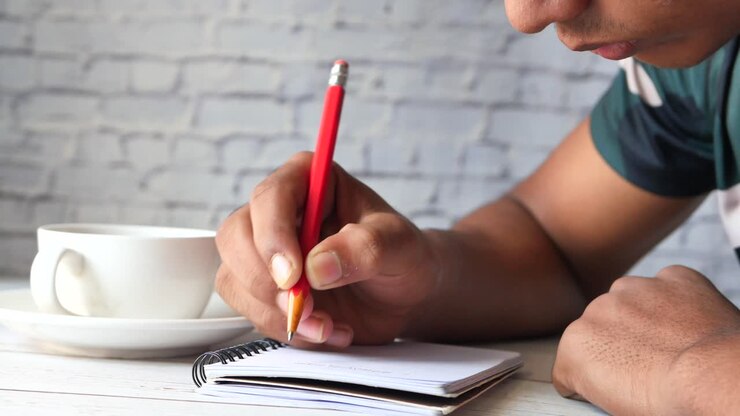 Man Writing in Notebook with Coffee