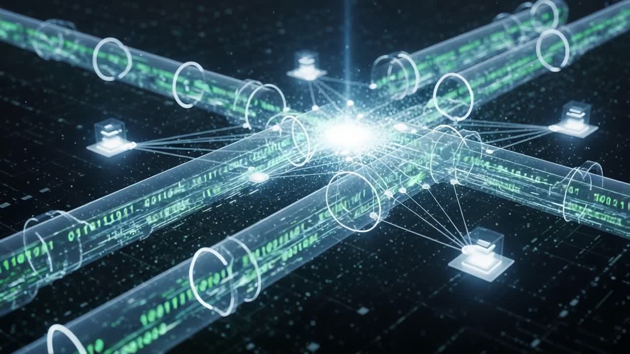 Dynamic Visualization of Network Data Flow Featuring Tubes and Binary Code Illustrating the Interconnections of Modern Digital Communication Technologies