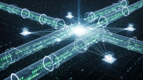 dynamic visualization of network data flow featuring tubes and binary code illustrating the interconnections of modern digital communication technologies