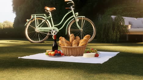 outdoor picnic scene with food and bicycle
